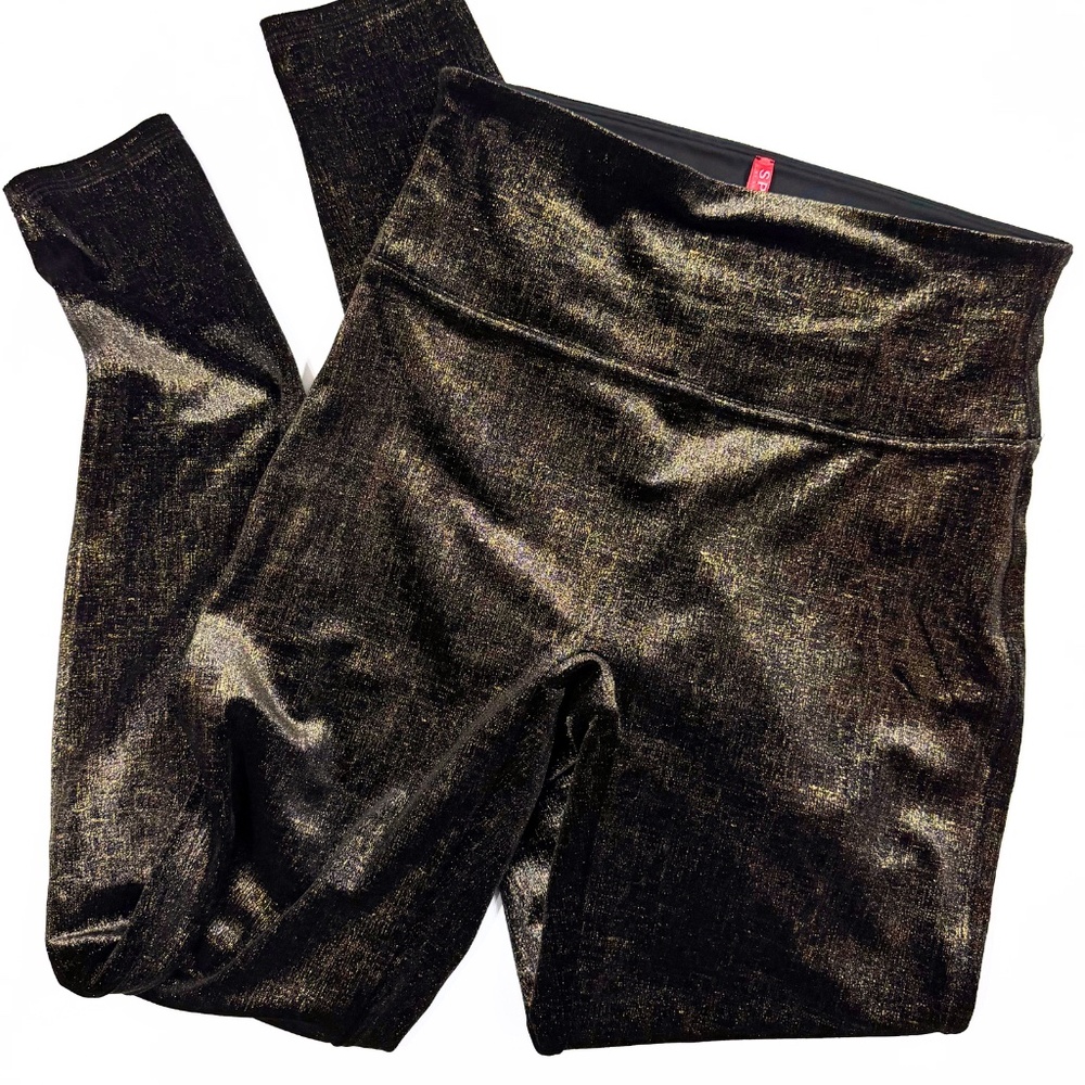 SPANX Velvet Shine Leggings Size M Black Gold Metallic High Rise Party Pants EUC
